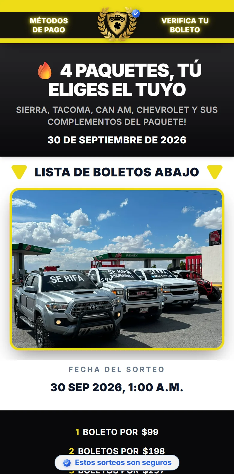 Página real de Rifas Bañuelos con su logo, su color y su rifa