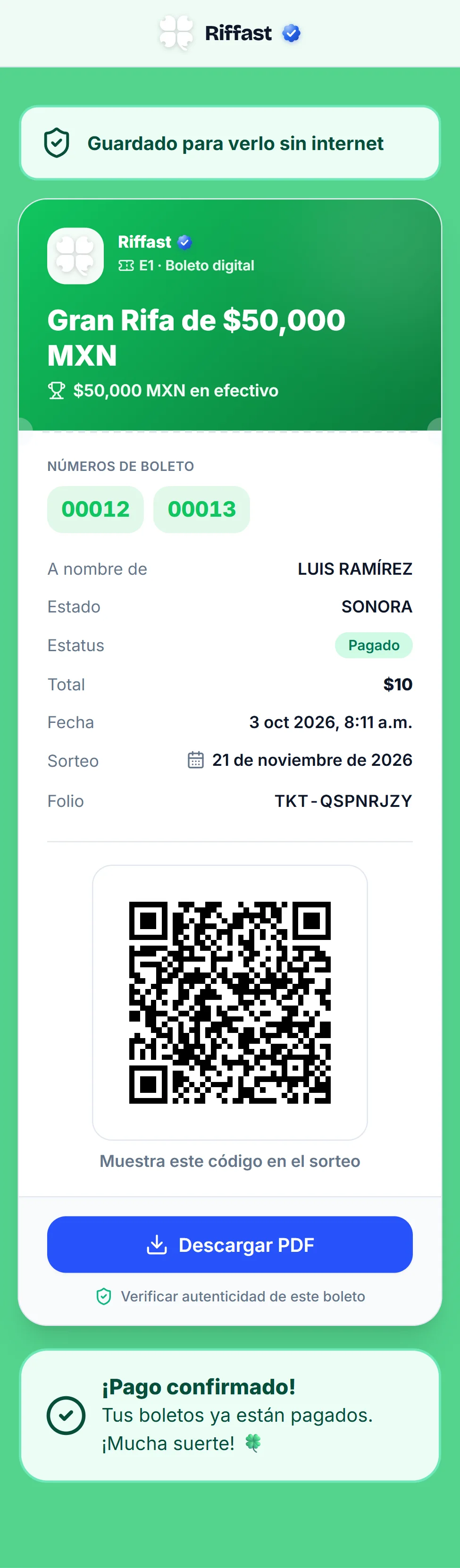 Boleto digital de Riffast: números 00012 y 00013, pagado, con folio y código QR para el sorteo