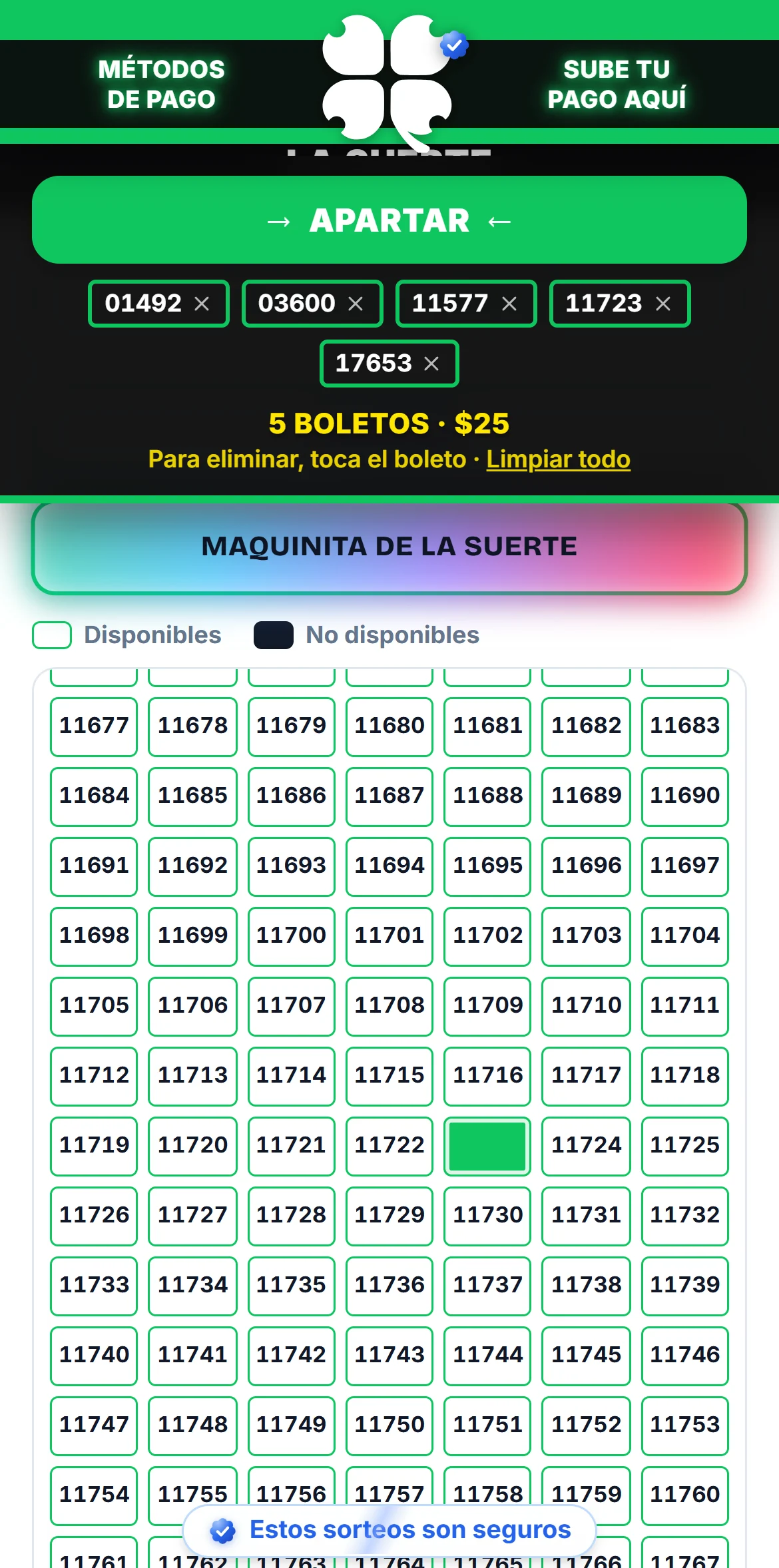 La maquinita de la suerte eligió 5 boletos y aparece la barra Apartar: 5 boletos, $25