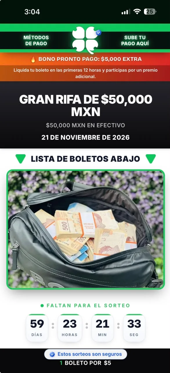 Página de una rifa hecha con Riffast: Gran Rifa de $50,000 MXN, con métodos de pago, cuenta regresiva y lista de boletos